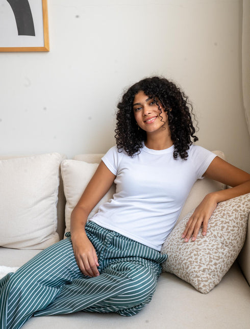 Women summer pajama set Off White T-shirt + Green X White Spaced Stripes Pants